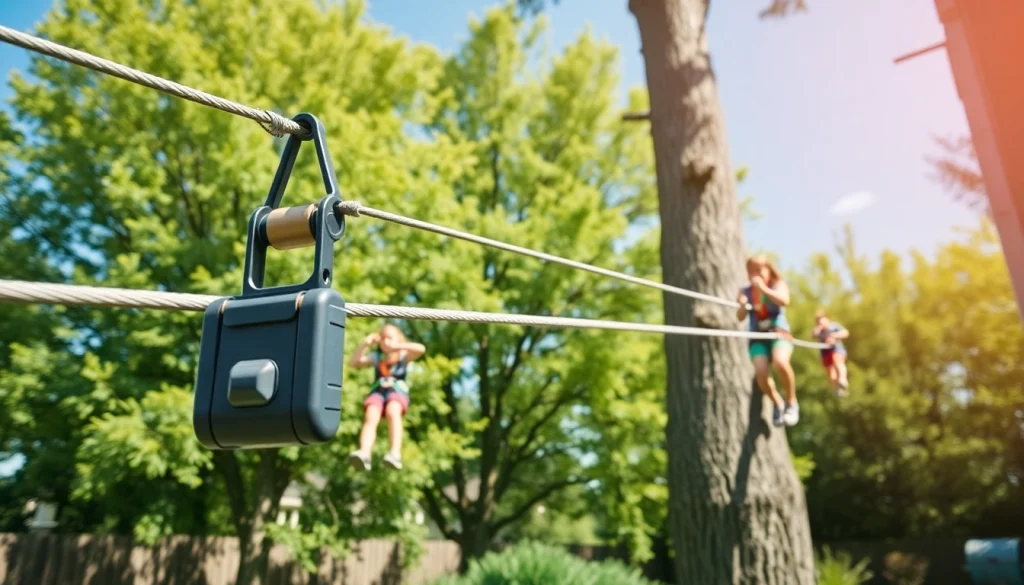 Experience thrilling outdoor fun with secure ZIP WIRE KITS for kids and adults in a vibrant backyard setting.