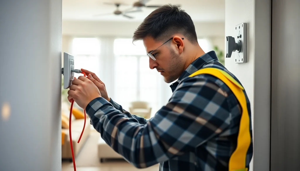 Engaged electrician providing professional electrical service inside a modern home.