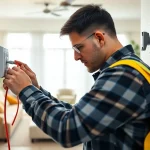 Engaged electrician providing professional electrical service inside a modern home.