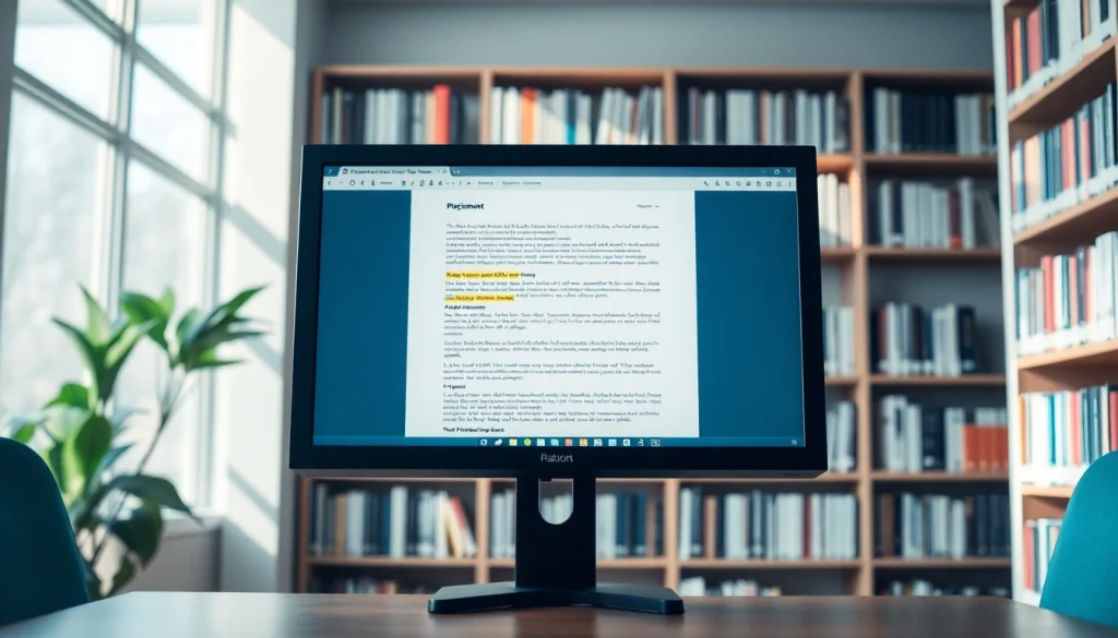 Using a plagiarism checker tool to analyze text for originality on a digital screen.