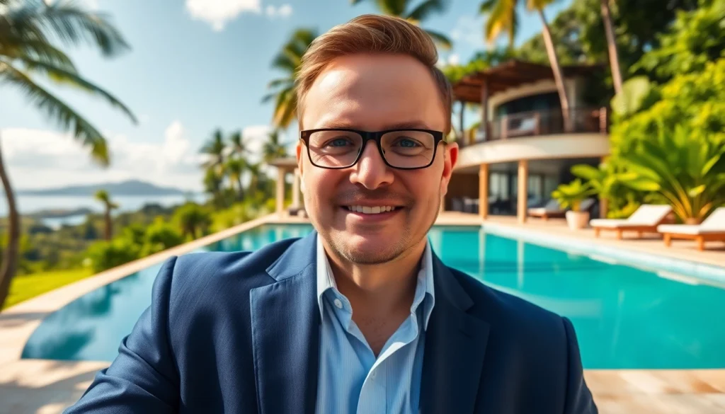 Showcasing luxury international property for sale with villa and swimming pool in a tropical setting.