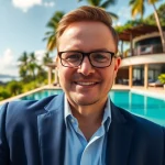 Showcasing luxury international property for sale with villa and swimming pool in a tropical setting.