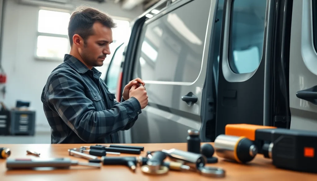 Locksmith repairing van keys in a bright garage, showcasing skills and precision.