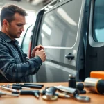 Locksmith repairing van keys in a bright garage, showcasing skills and precision.