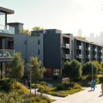 Beeindruckende visualisierung architektur eines modernen Wohngebäudes in urbaner Umgebung.
