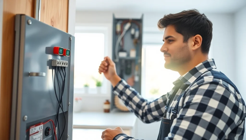 Electrician performing an Electrical Panel Upgrade with fresh wiring and modern components in a home setting.