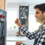 Electrician performing an Electrical Panel Upgrade with fresh wiring and modern components in a home setting.