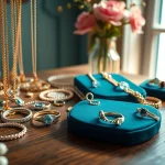 Showcase exquisite women jewelry with elegant pieces displayed artfully on a vintage table.