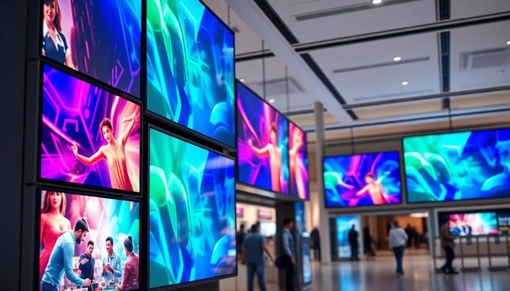 Display illustrating Multi-screen digital signage management in a retail setting with vibrant, synchronized content.