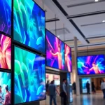 Display illustrating Multi-screen digital signage management in a retail setting with vibrant, synchronized content.