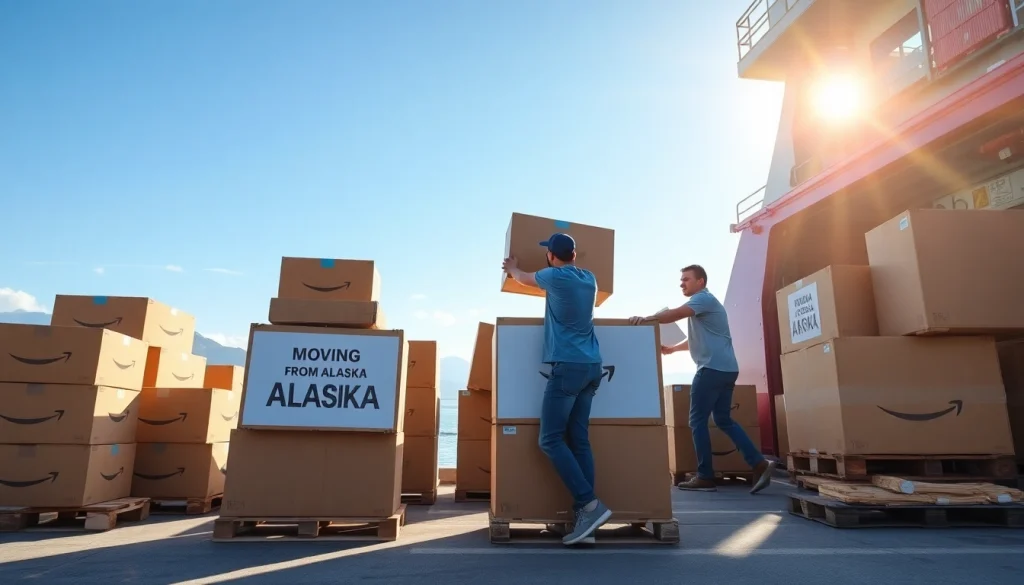 Moving from Alaska to Hawaii with professional movers lifting boxes into a cargo ship at a sunny port.