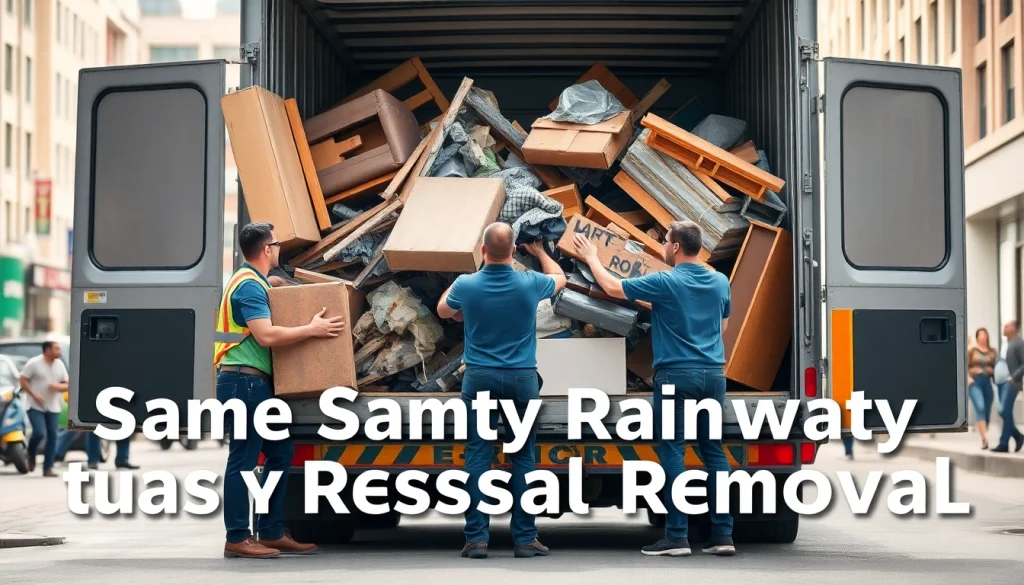 Same Day Rubbish Removal team efficiently loading waste into a truck in an urban setting.