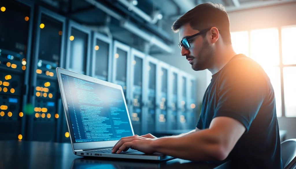 Penetrationstest von einem Cyber-Sicherheitsexperten auf einem Laptop in einem modernen Büro durchführen
