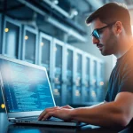 Penetrationstest von einem Cyber-Sicherheitsexperten auf einem Laptop in einem modernen Büro durchführen