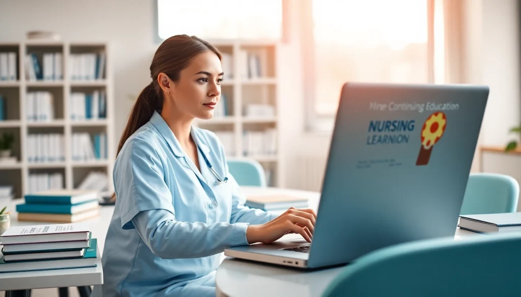 Nursing Continuing Education online course in a bright professional setting.