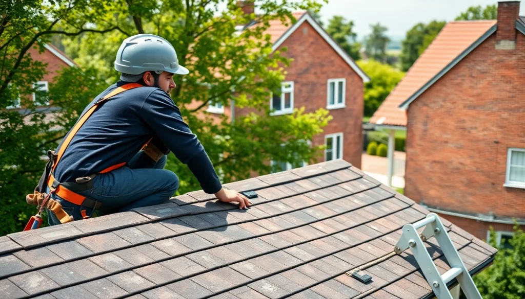 Roofing contractor showcasing skills in Dakdekkersbedrijf Arnhem setting, installing shingles on a residential home.