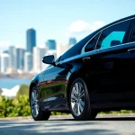 Experience premium Vancouver car service with a sleek black sedan amidst the stunning city skyline.
