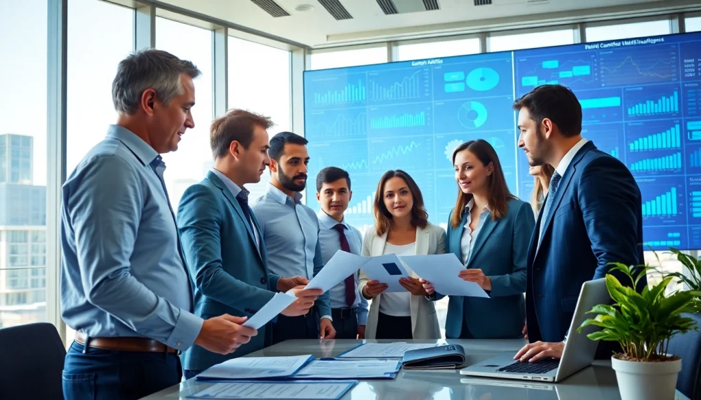 Analyze competitive intelligence data in a professional business setting with diverse team members.