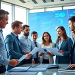 Analyze competitive intelligence data in a professional business setting with diverse team members.