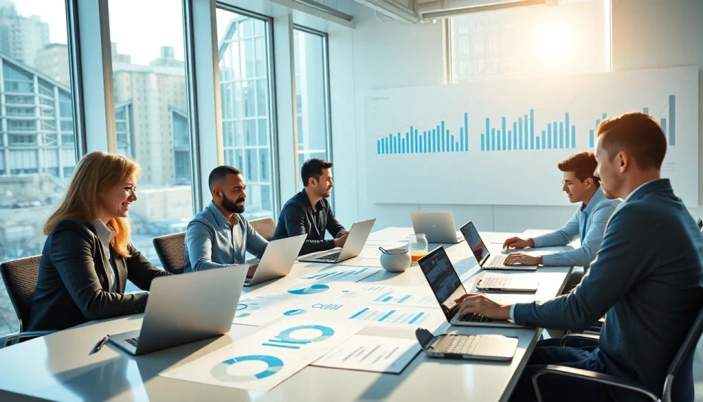 Team analyzing business trends with charts and laptops in a modern office setting.