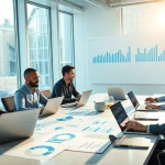 Team analyzing business trends with charts and laptops in a modern office setting.