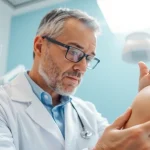 A dermatologist at Apollo Dermatology providing expert skin assessment in a modern clinic.