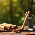 Experience hemp cigarettes displayed attractively with natural elements and serene lighting.