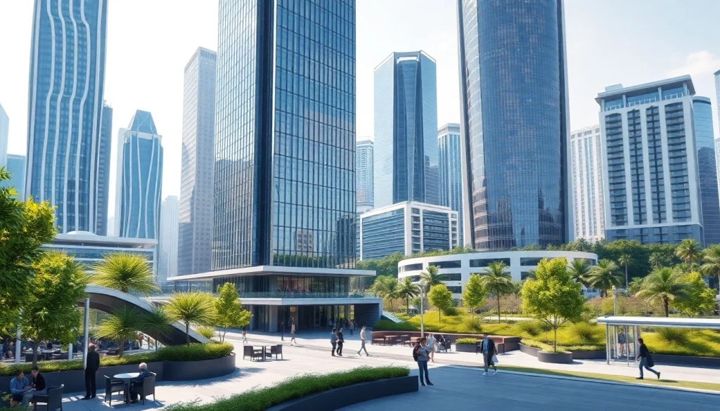 Architekturvisualisierung eines modernen Stadtbildes mit futuristischen Gebäuden und Grünflächen.