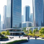 Architekturvisualisierung eines modernen Stadtbildes mit futuristischen Gebäuden und Grünflächen.