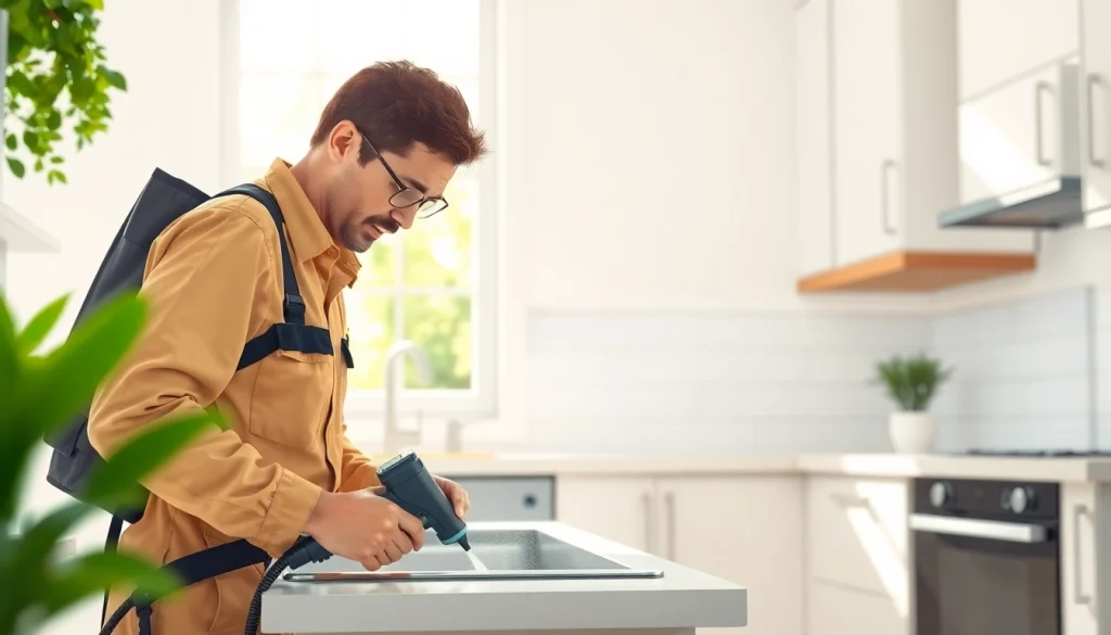 Pest control services illustrated by a technician treating a home environment.