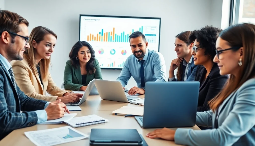 Teams engage in competitive intelligence research during a professional business meeting.