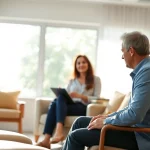 Engaging moment with a couple and their relationship coach in a warm, inviting environment.