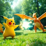 Pikachu using electric attack while Charizard flies in a Pokémon battle scene.