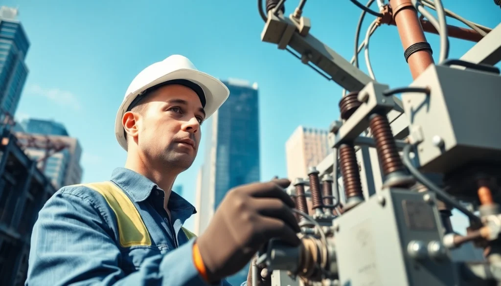 Electrical Contractor inspecting high-voltage equipment in a modern setting.