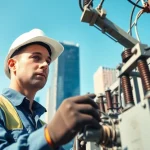 Electrical Contractor inspecting high-voltage equipment in a modern setting.