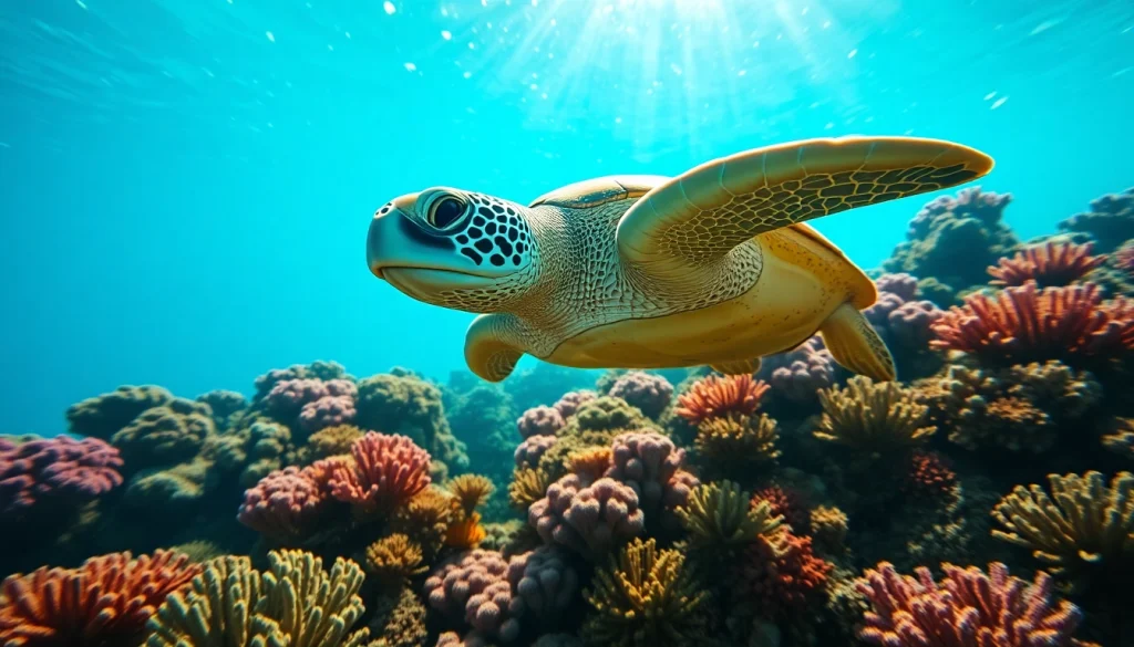 Person peacefully observing a turtle snorkel in a vibrant coral reef underwater.