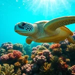 Person peacefully observing a turtle snorkel in a vibrant coral reef underwater.