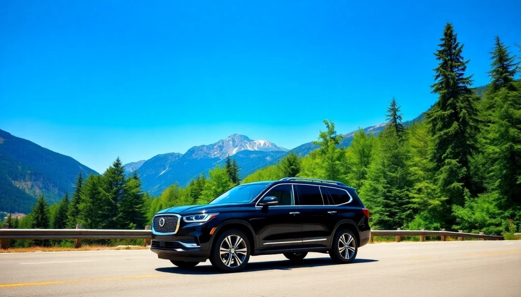 Vancouver to whistler private transfer featuring a luxury SUV against stunning mountainous backdrops.