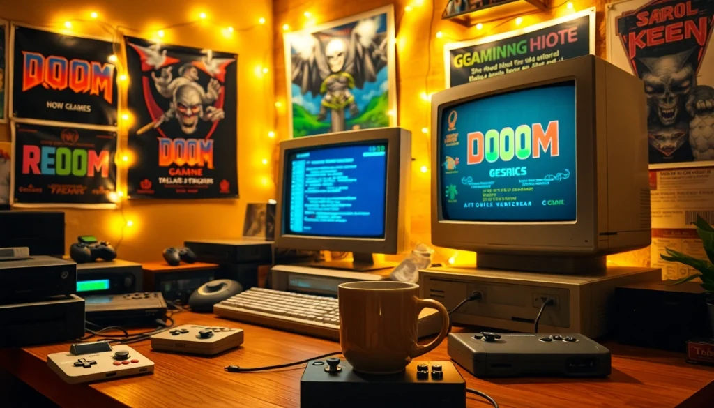 Relive classic dos games online in a nostalgic gaming den filled with retro items.