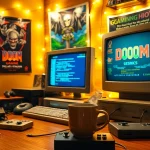 Relive classic dos games online in a nostalgic gaming den filled with retro items.