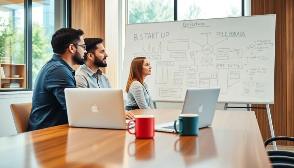 Launchsuccessfulstartup brainstorming session with entrepreneurs in a bright office.