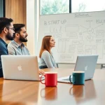 Launchsuccessfulstartup brainstorming session with entrepreneurs in a bright office.