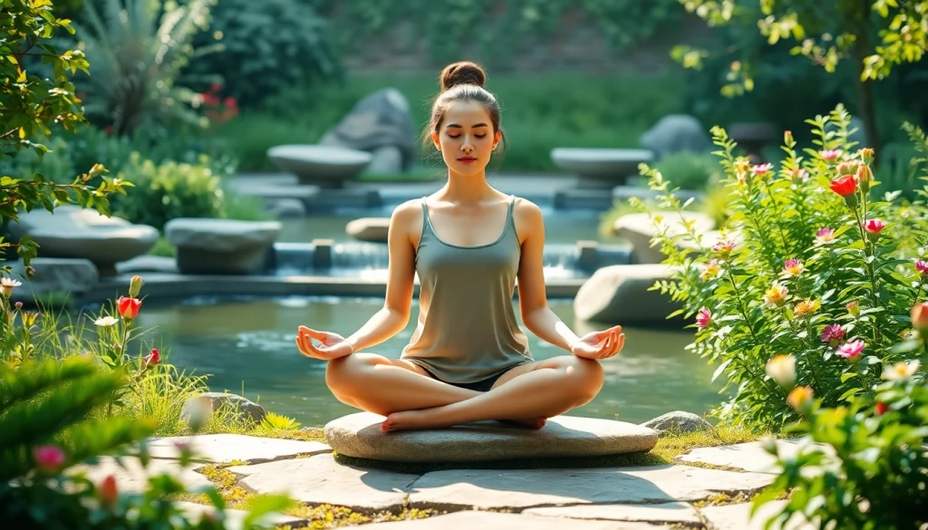 A person practicing mindfulness in a peaceful garden setting while dealing with stress in a natural environment.