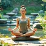 A person practicing mindfulness in a peaceful garden setting while dealing with stress in a natural environment.