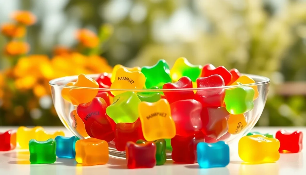 Enjoy Branded Gummy Bears in a vibrant glass bowl, showcasing colorful candies against a sunny backdrop.
