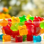 Enjoy Branded Gummy Bears in a vibrant glass bowl, showcasing colorful candies against a sunny backdrop.