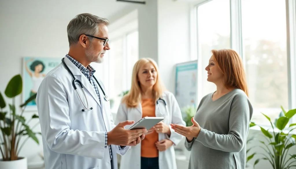 Doctor explaining Medical Weight Loss options to a patient in a bright clinic setting.