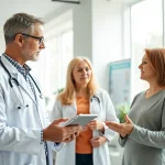 Doctor explaining Medical Weight Loss options to a patient in a bright clinic setting.