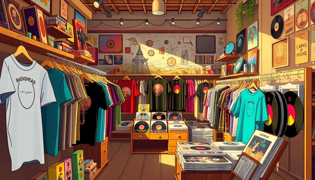 Shop unique Radiohead merch featuring eclectic T-shirts and vinyl in a vibrant retail setting.