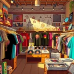 Shop unique Radiohead merch featuring eclectic T-shirts and vinyl in a vibrant retail setting.